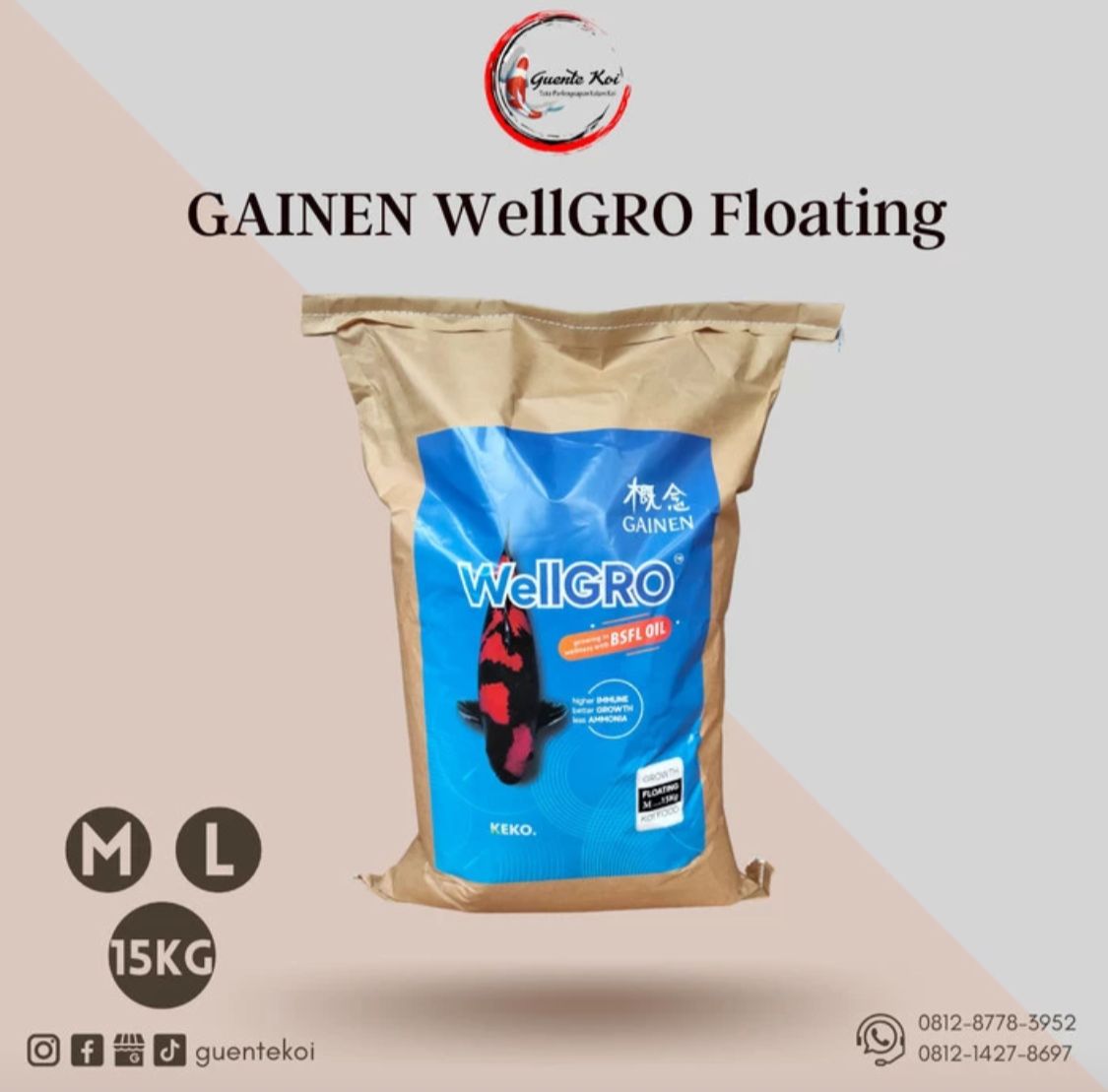 KEKO original GAINEN WellGRO Floating Type koi fish pellets 15kg - WellGro, L